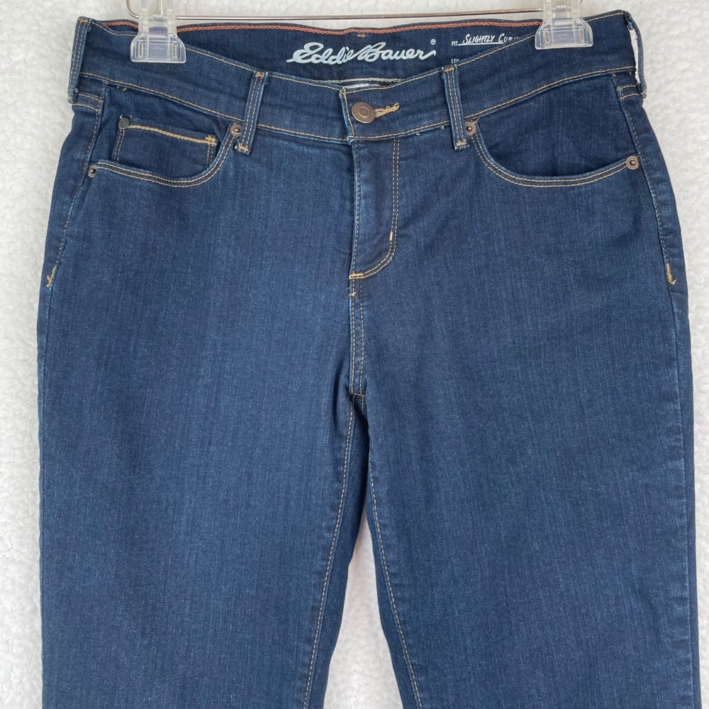Eddie Bauer Womens P8 Slightly Curvy Straight Flannel Lined Jeans Dark Wash Blue